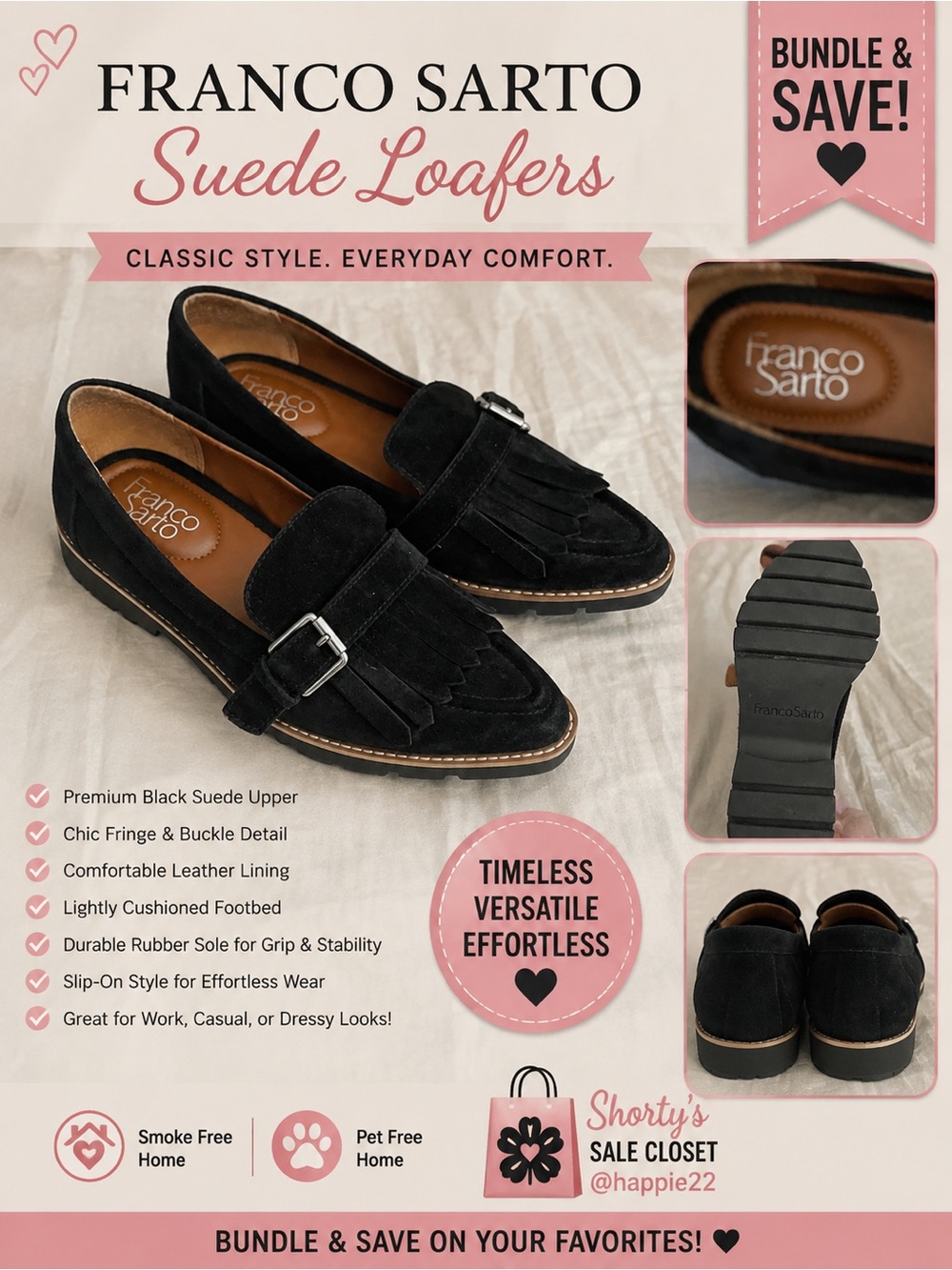 Franco Sarto Black Suede Fringe Buckle Loafers with Stitch Trim 7.5